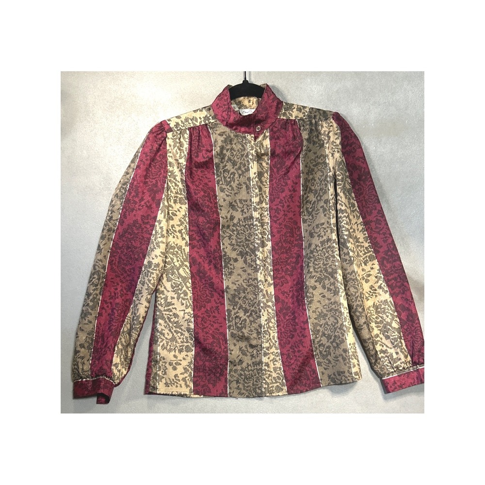 Vintage Wrangler Bend Over Blouse Burgundy Tan Damask Stripe Mock Neck Size 8 S